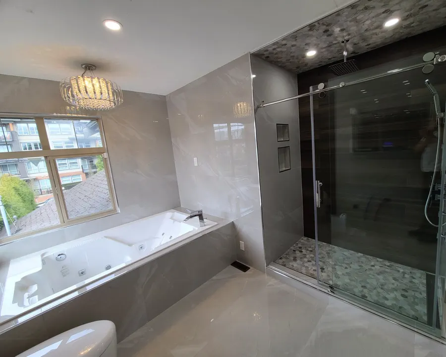 Master bathroom with walk-in shower, linear drain and body-jet shower system, Coquitlam