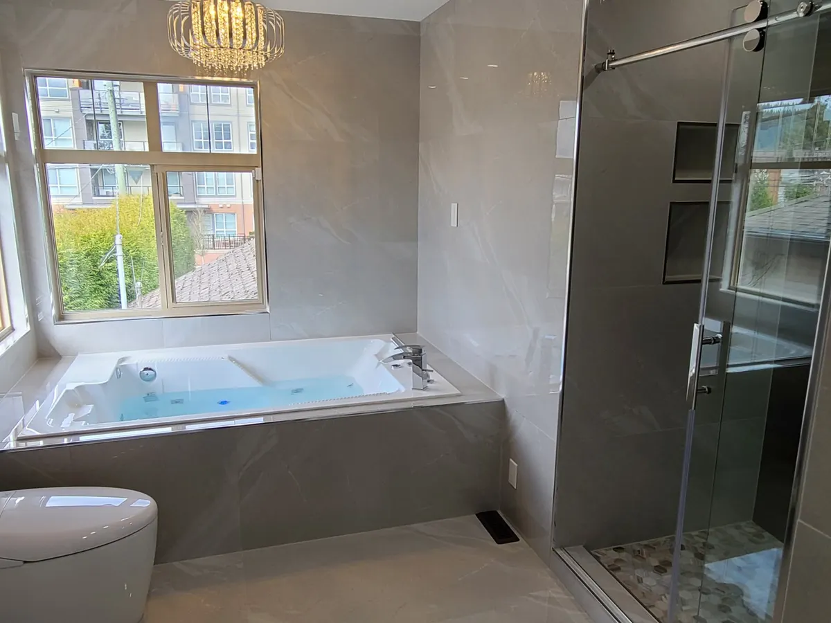Master bathroom with walk-in shower, linear drain and body-jet shower system, Coquitlam