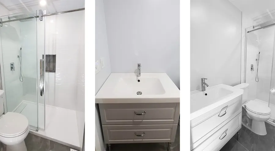 Walk-in glass shower with large-format porcelain tile and vertical mosaic accent strip, Coquitlam bathroom renovation